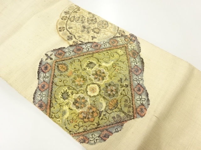 JAPANESE KIMONO / ANITQUE NAGOYA OBI / SILK / HAND WOVEN TSUMUGI / RHOMBUS & FLOWERS & BIRDS